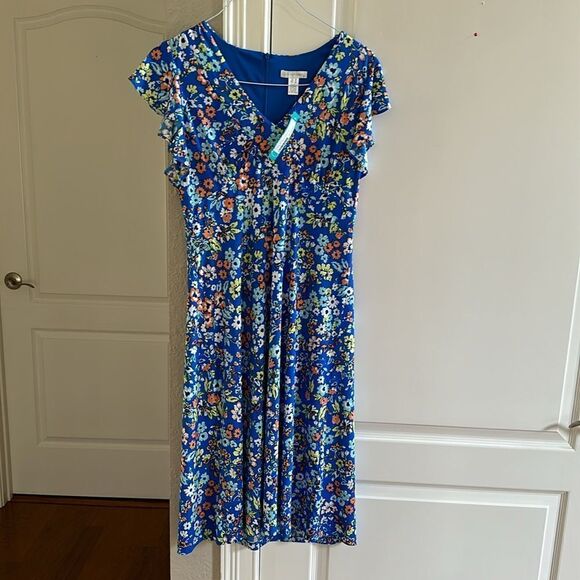 Maggy London V-Neck Zuma Ruffle Sleeve Midi Dress Blue Multi Sz10 Stitch Fix NWT - Picture 3 of 5